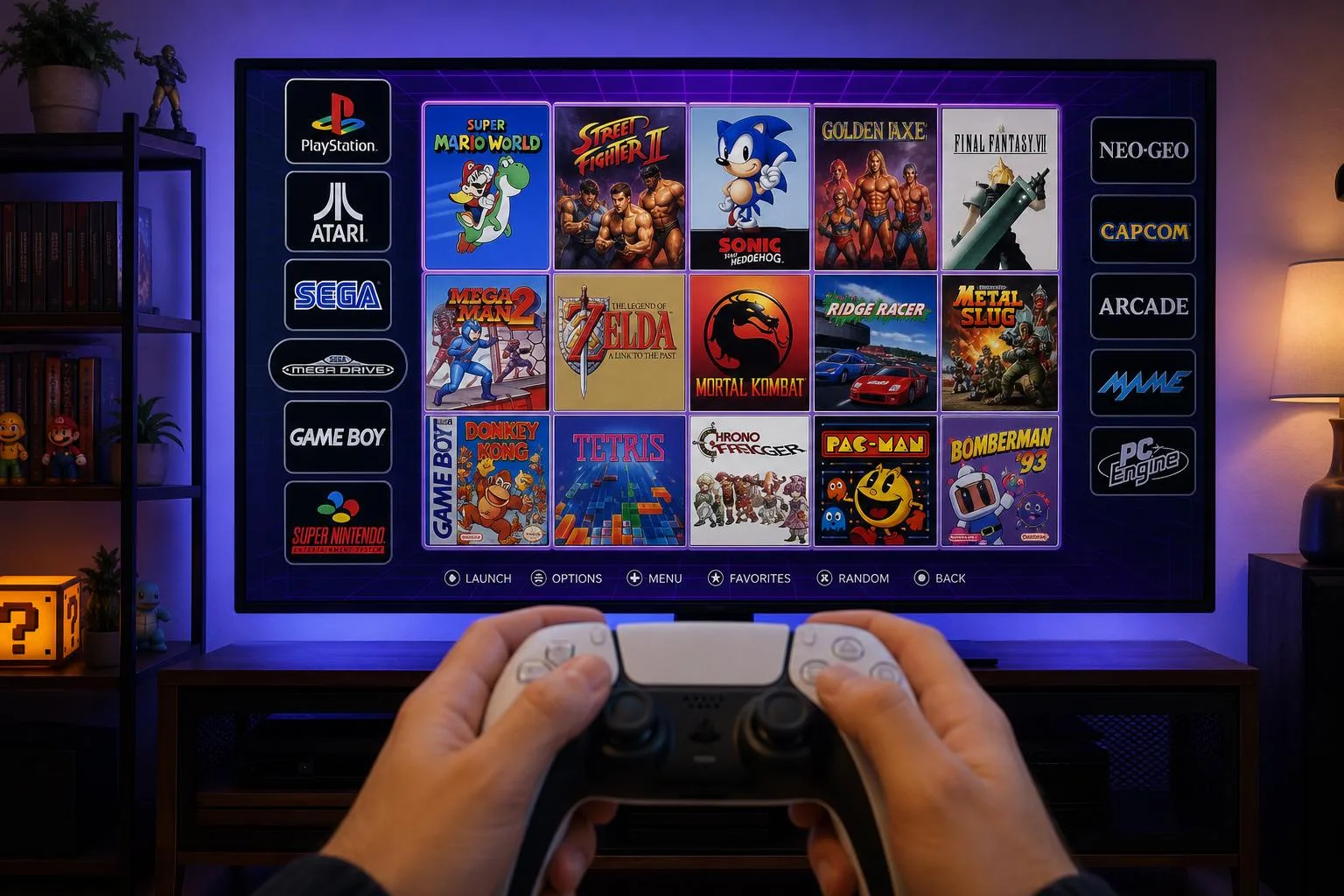 Jogador em primeira pessoa segurando o controle com TV mostrando jogos clássicos e marcas de consoles